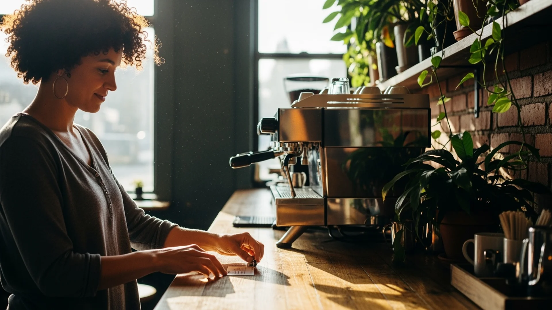 Small business owner placing a QR code card on a coffee shop counter