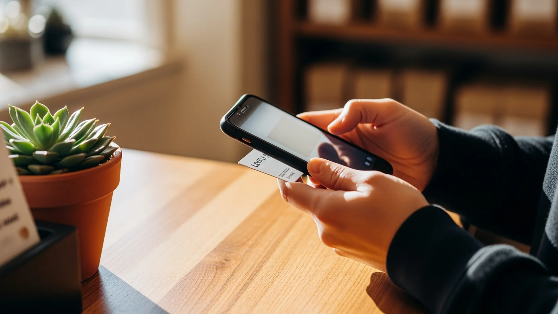 Person scanning a QR code with their phone at a local retail checkout counter