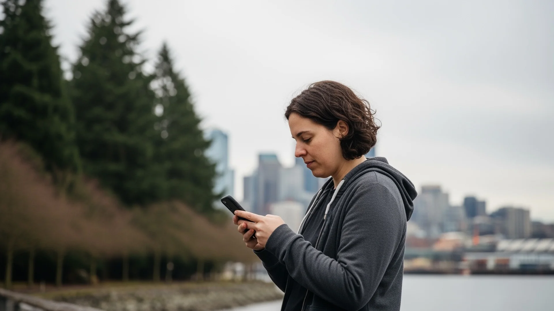 Person checking cell signal on smartphone near Seattle waterfront
