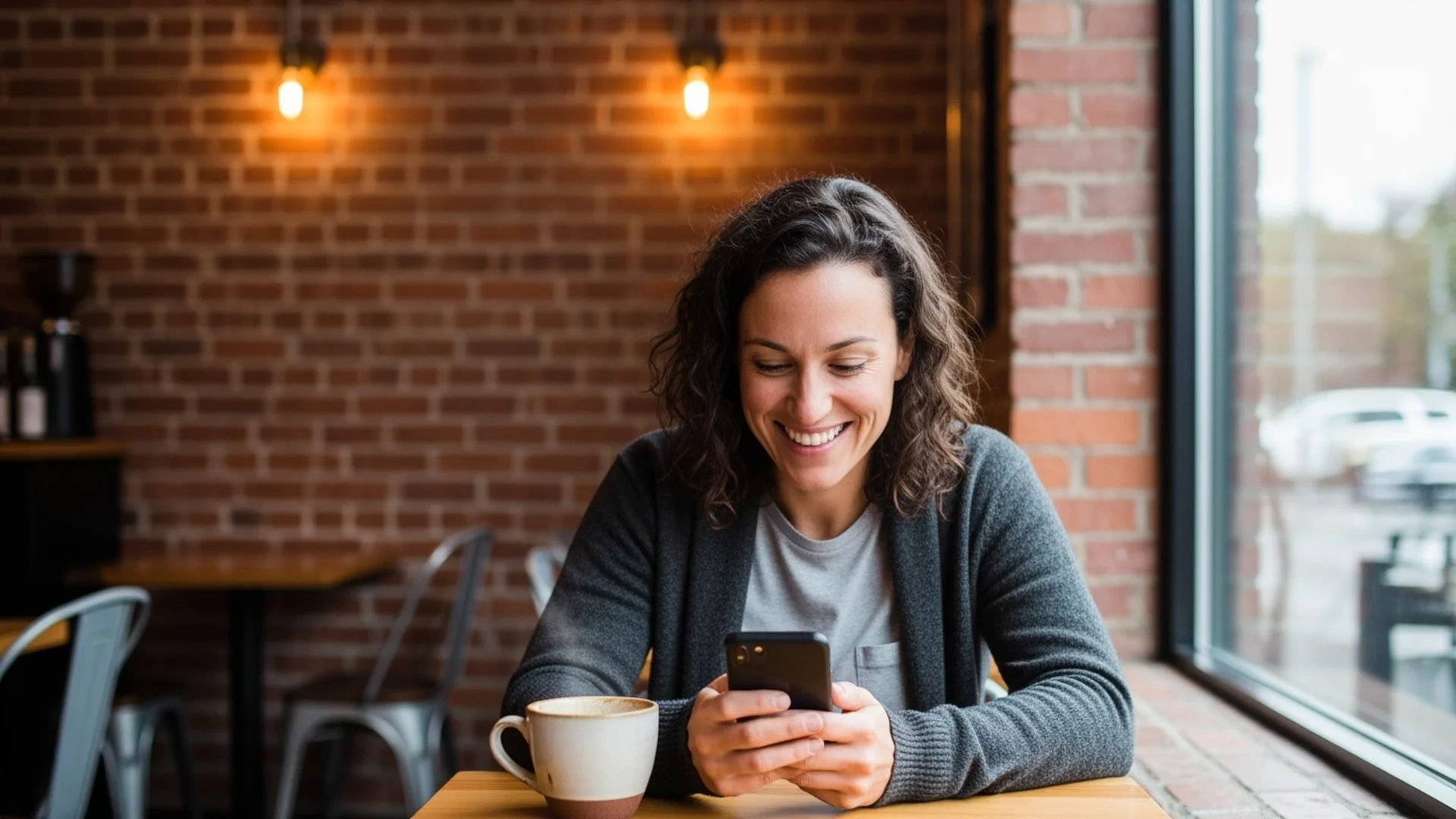 Seattle resident saving money on phone bill at neighborhood coffee shop
