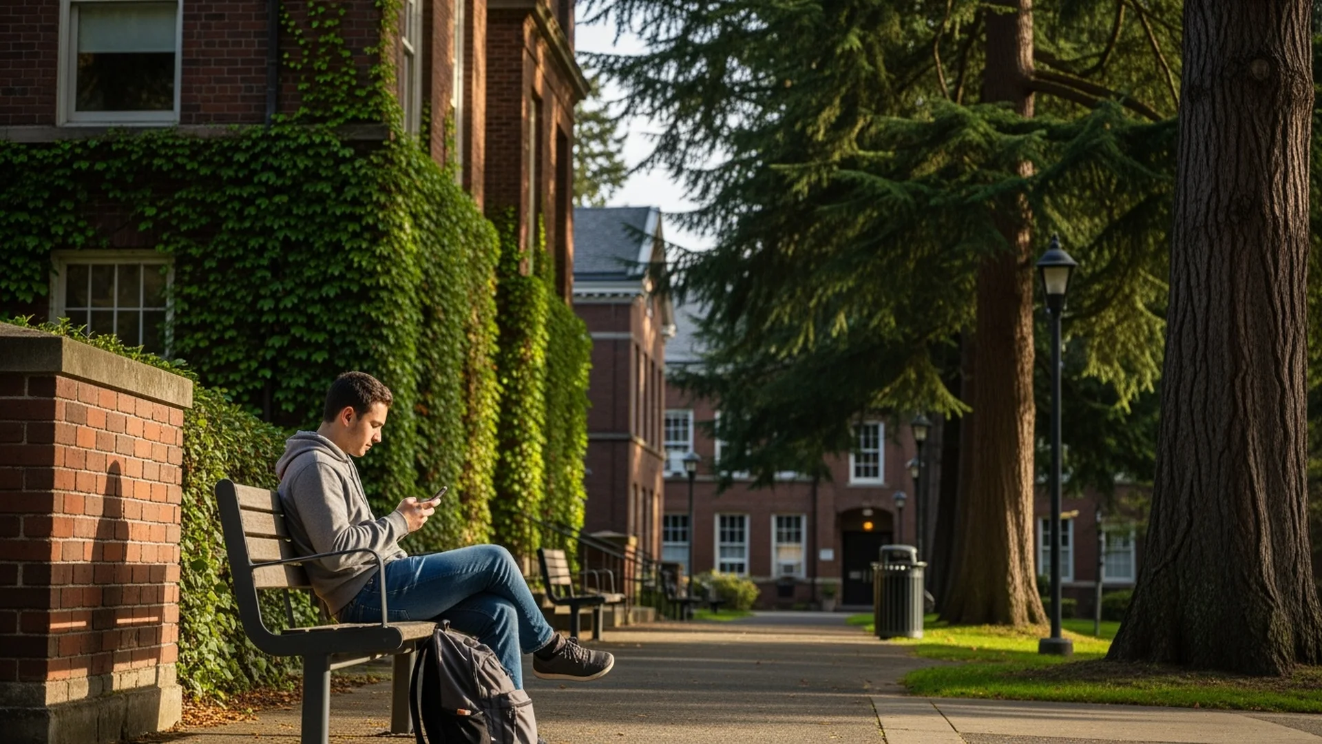 College student using smartphone on campus bench between classes Spokane