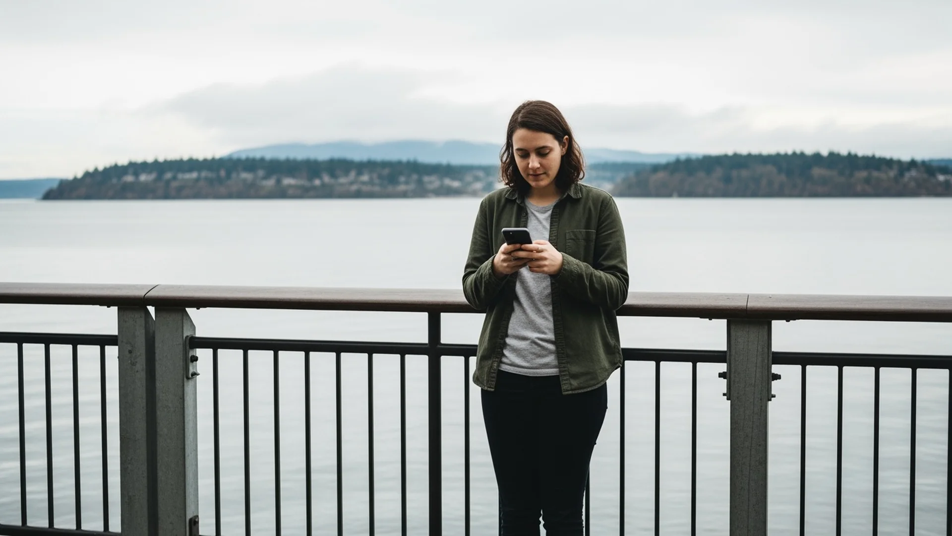 Person using smartphone outdoors near Tacoma waterfront with mountain view
