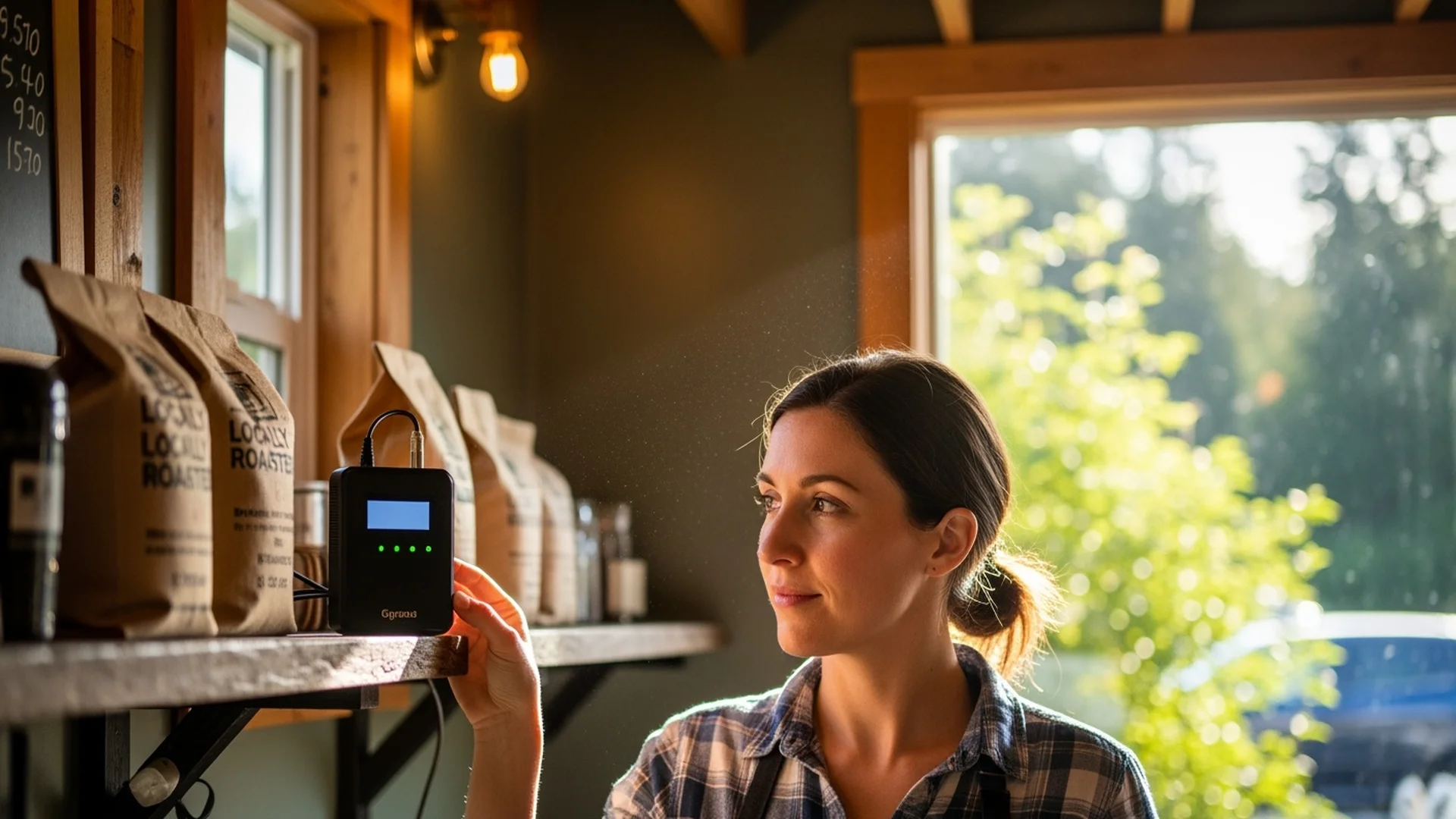 Small business owner in a Pacific Northwest coffee shop reviewing community network options