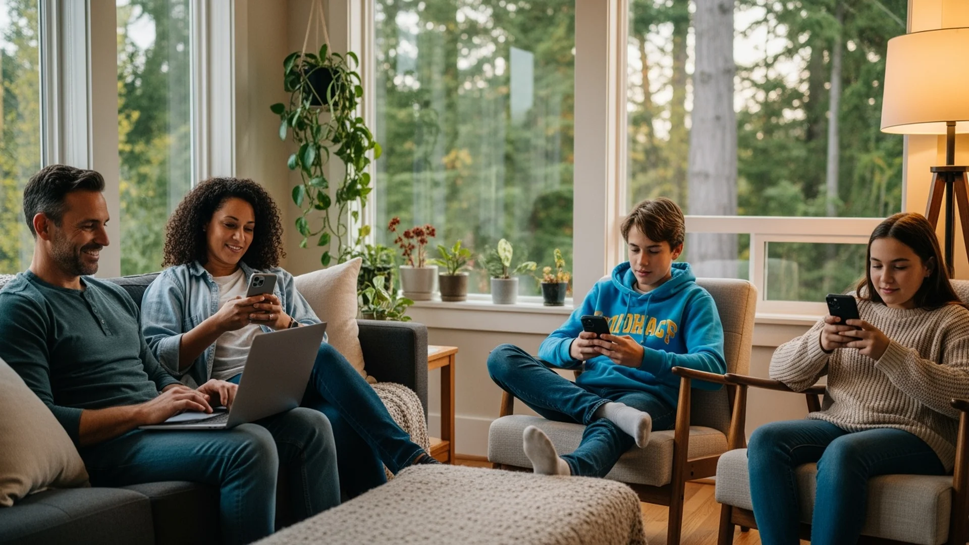 Family of four each using smartphones while relaxing at home