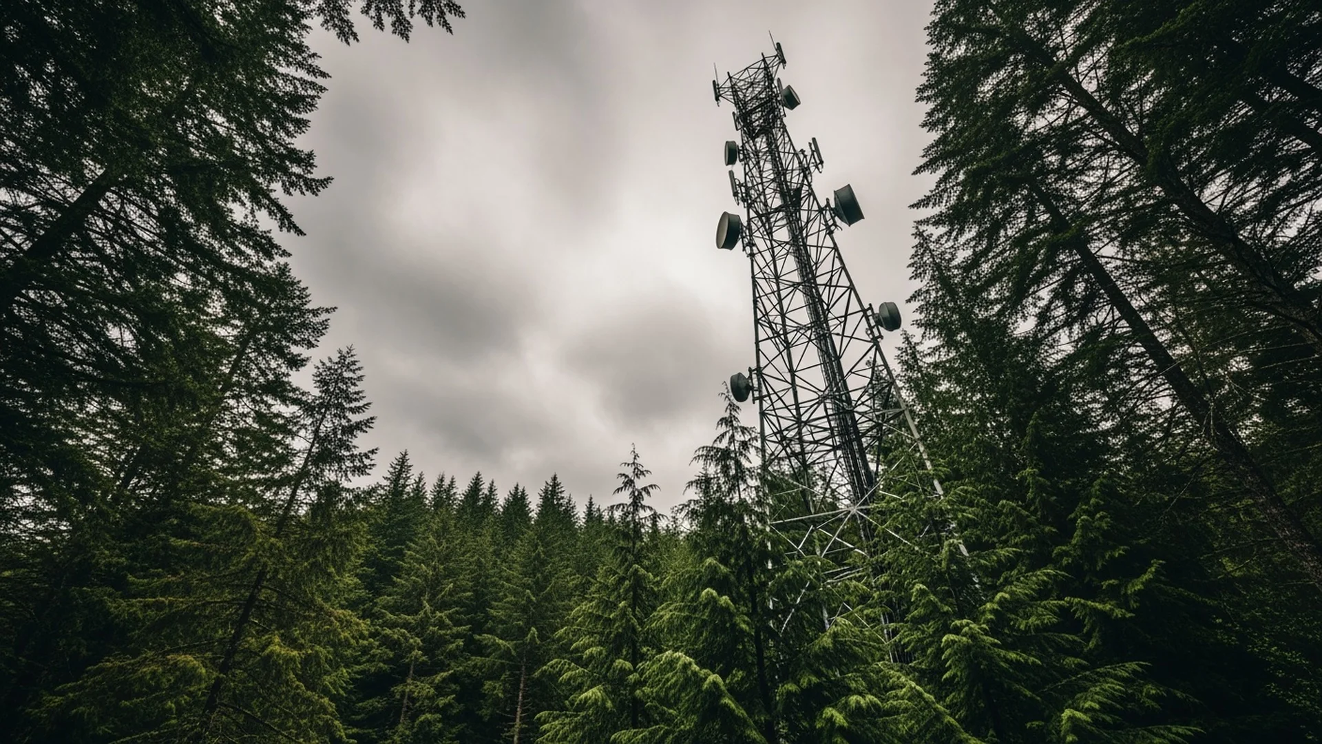 Cell tower rising above evergreen trees against cloudy Pacific Northwest sky