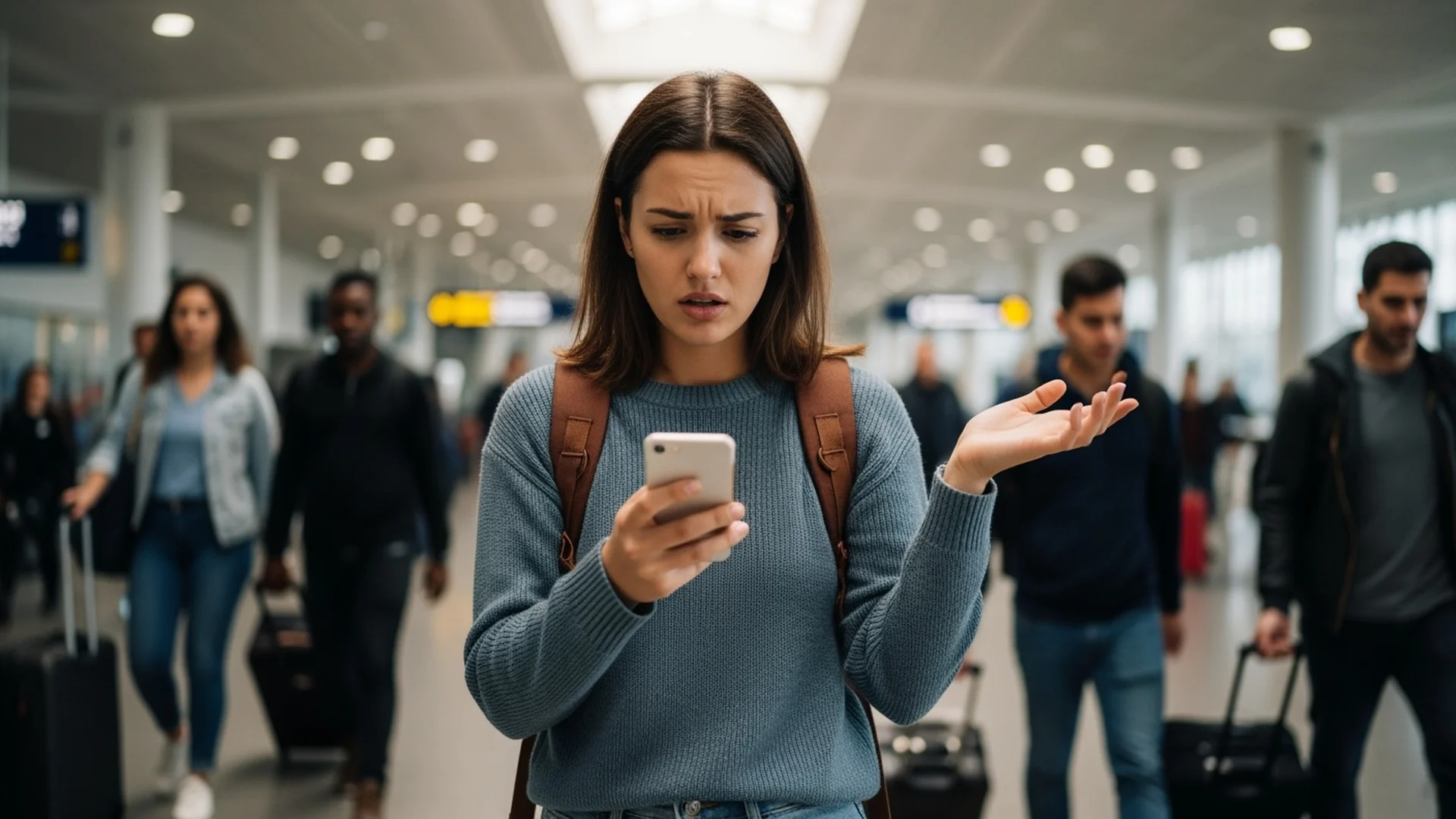 Student checking phone with confused expression at international airport terminal