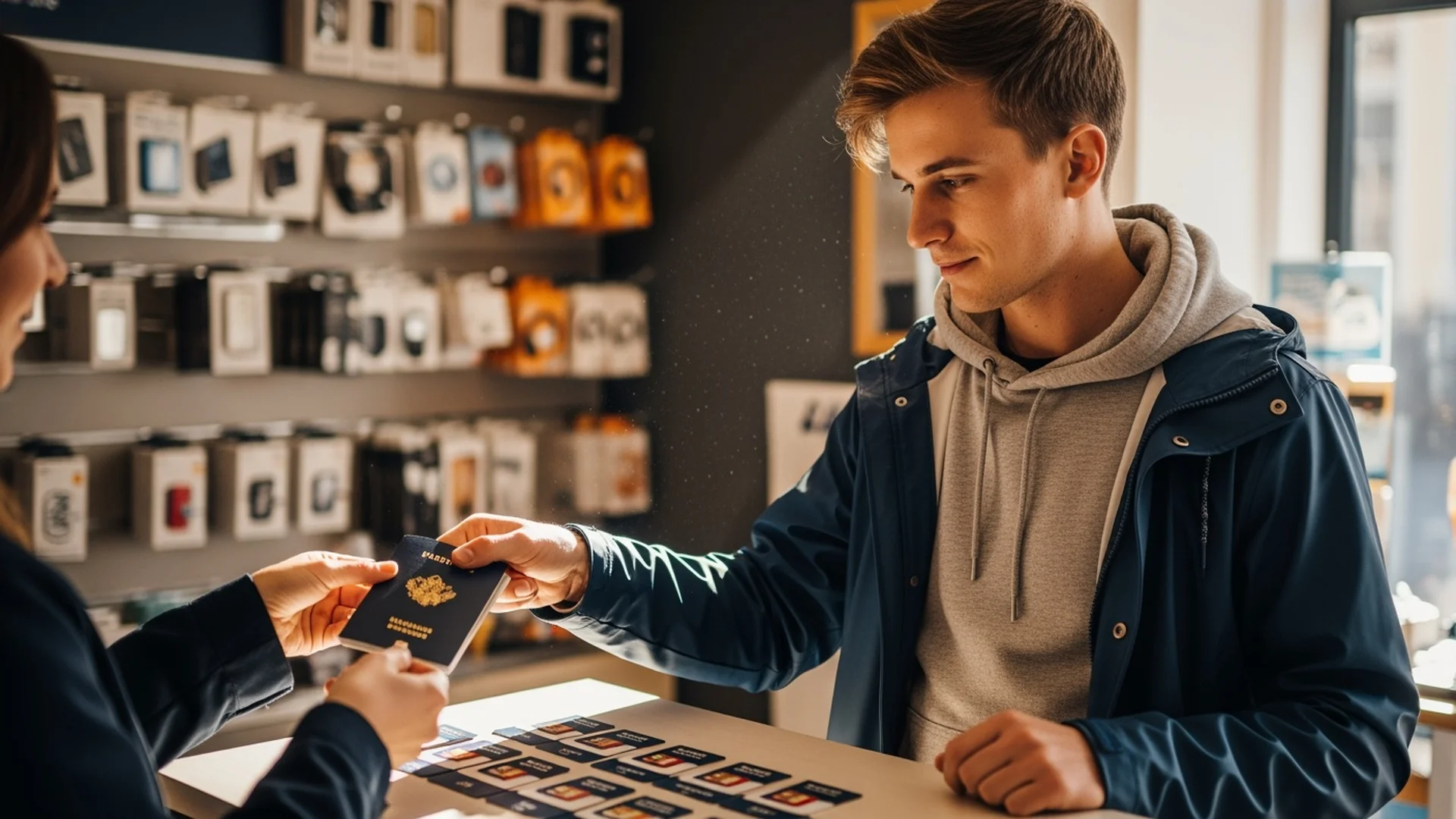 Young student buying a local SIM card at a European phone shop