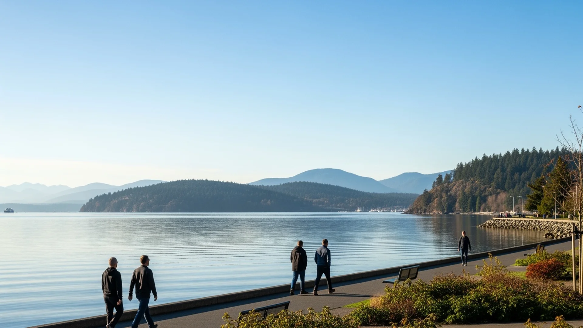 Bellingham waterfront view with Cascade mountains and evergreen trees in background