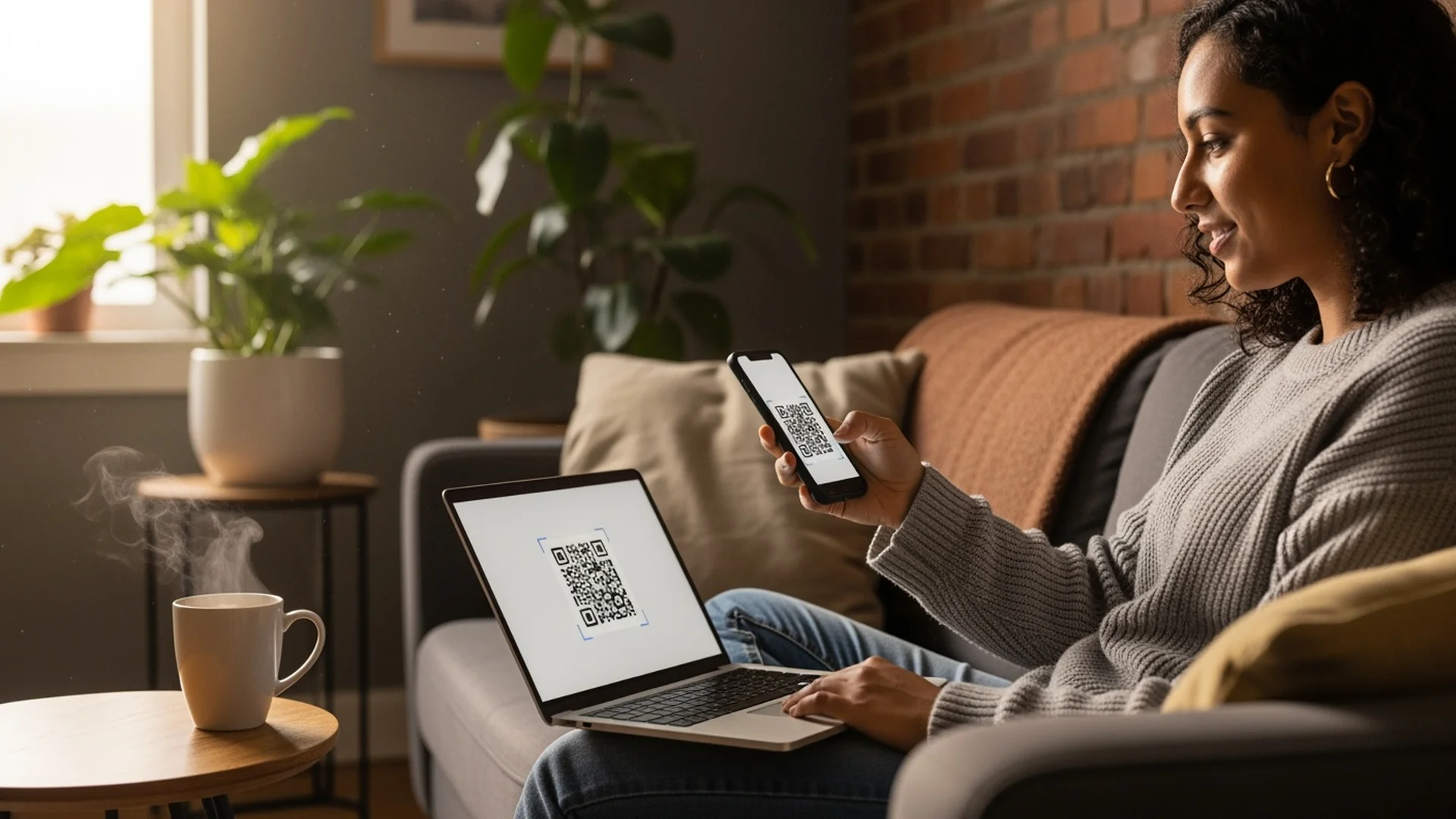Person activating mobile phone eSIM plan at home on couch with coffee