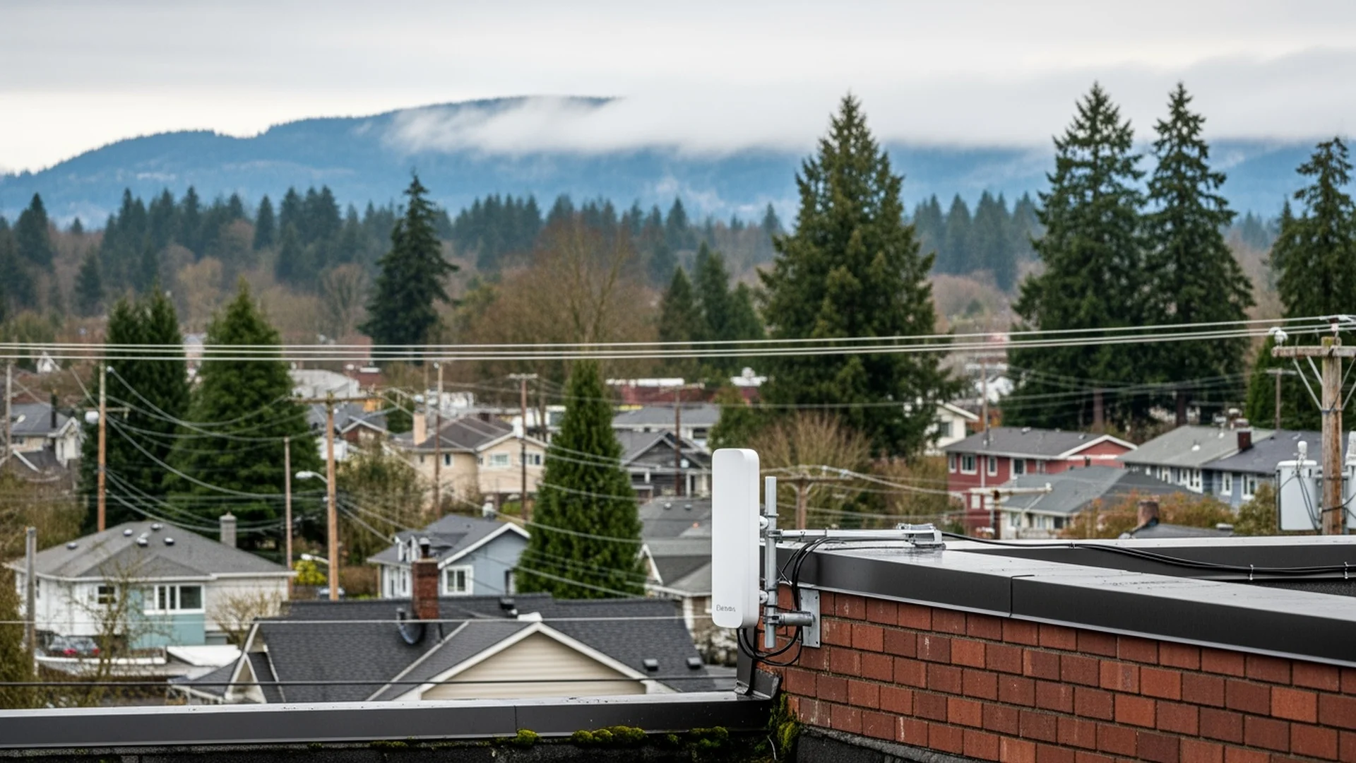 Small community wireless network device mounted on rooftop overlooking Bellingham neighborhood