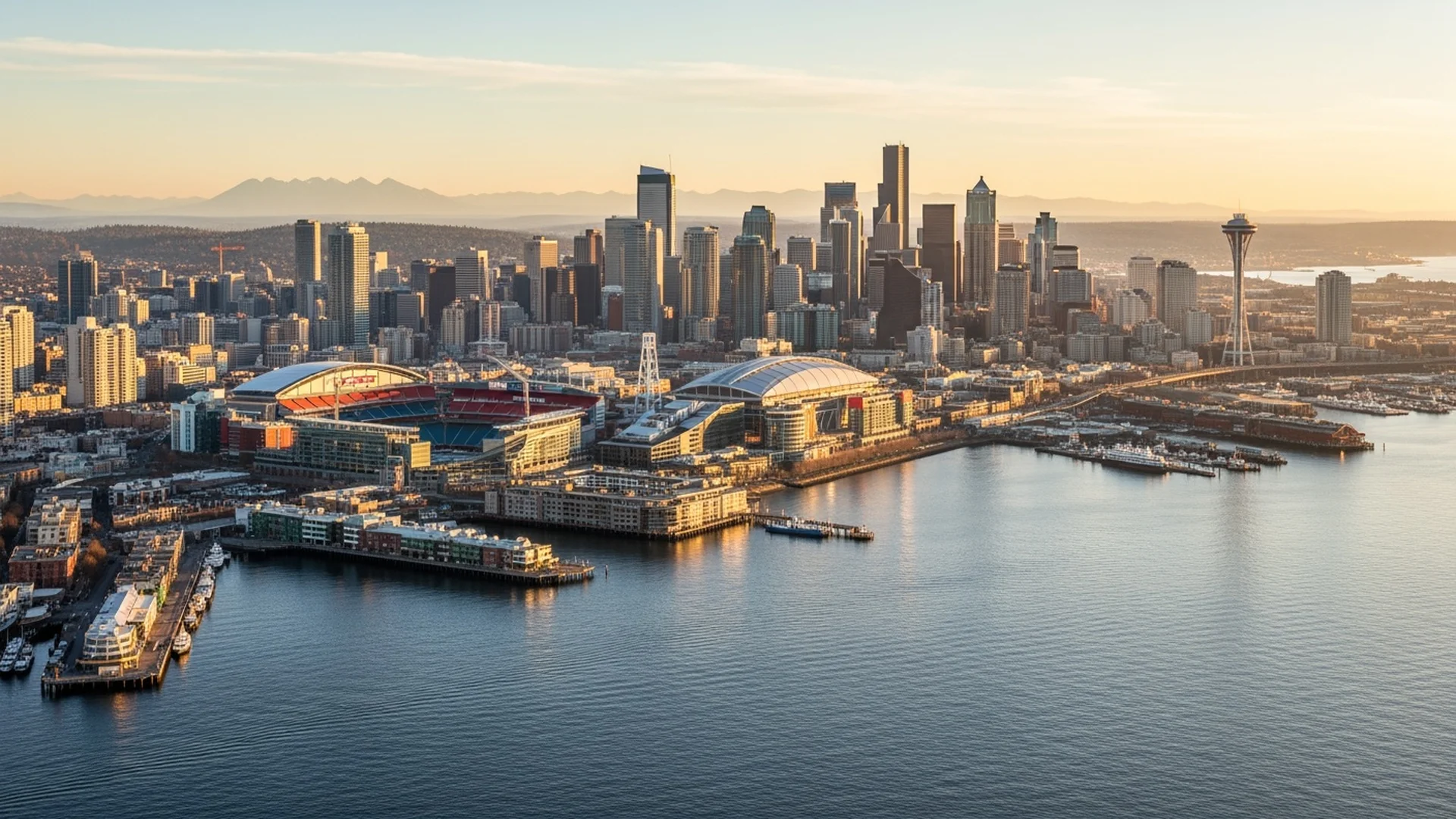 Aerial view of Seattle waterfront and Lumen Field stadium district