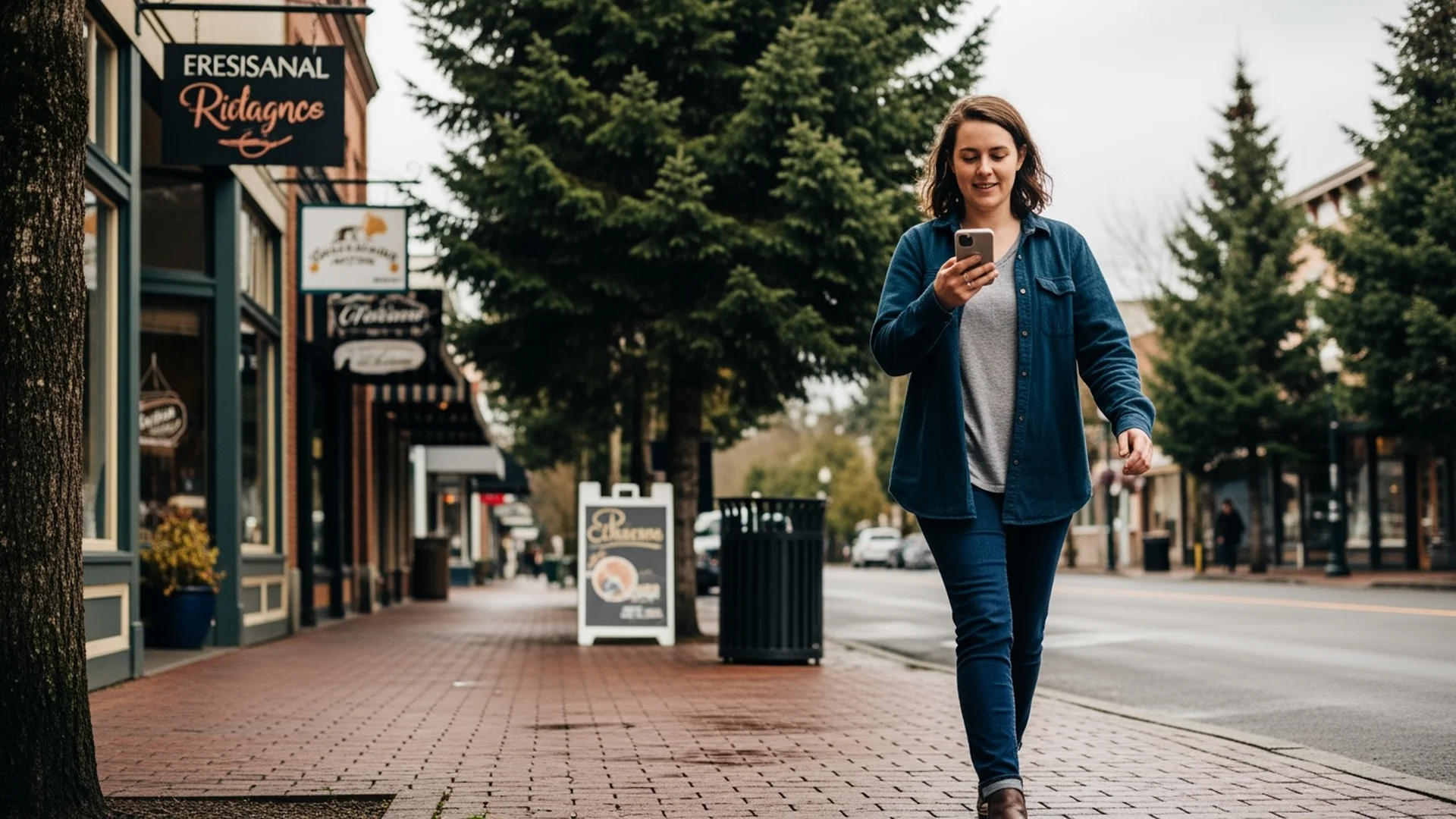 Person using smartphone on a street in downtown Bellingham Washington