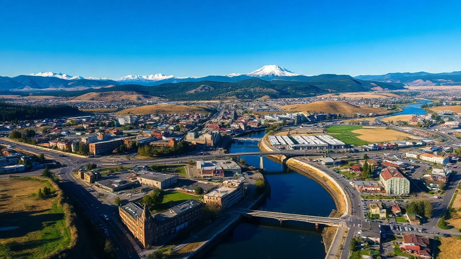 Bend Oregon with Deschutes River and Cascade Mountains