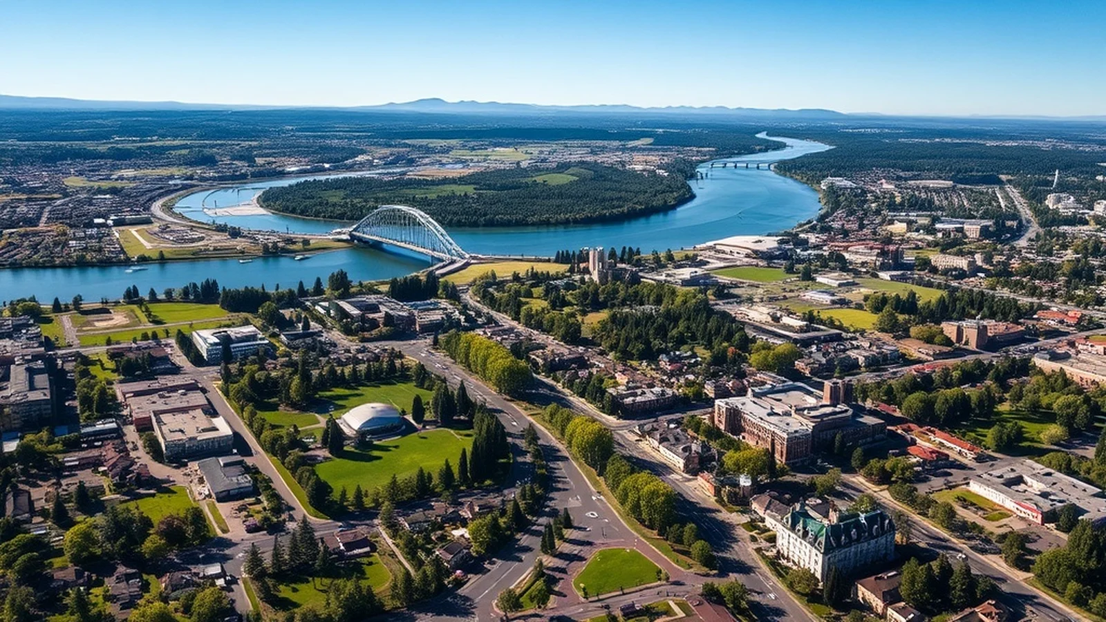 Eugene Oregon with Willamette River and buttes in background