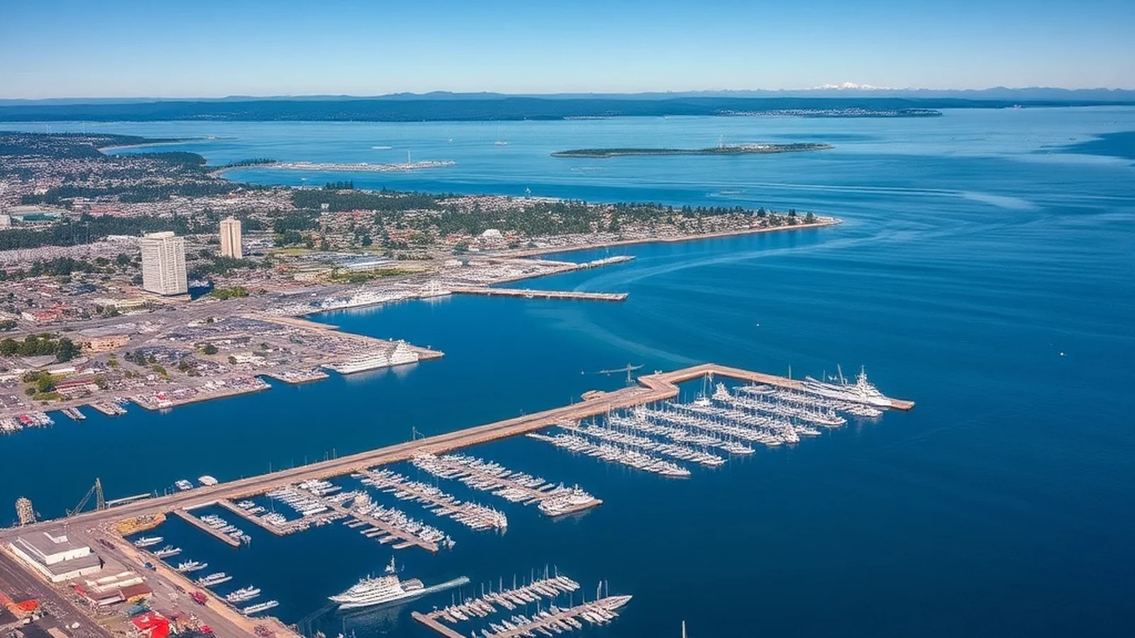Everett waterfront and marina with Puget Sound