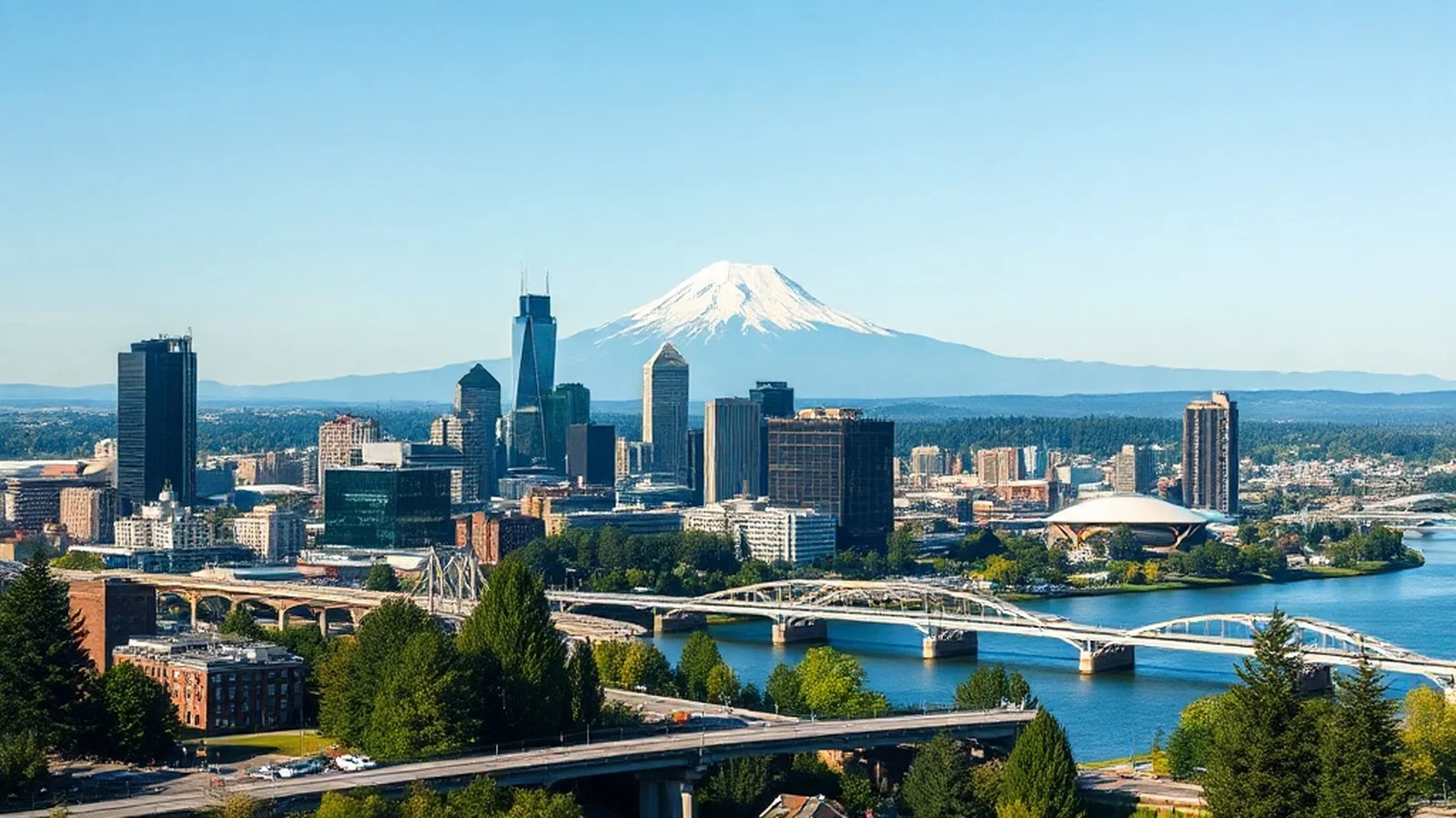 Portland skyline with Mount Hood and the Willamette River
