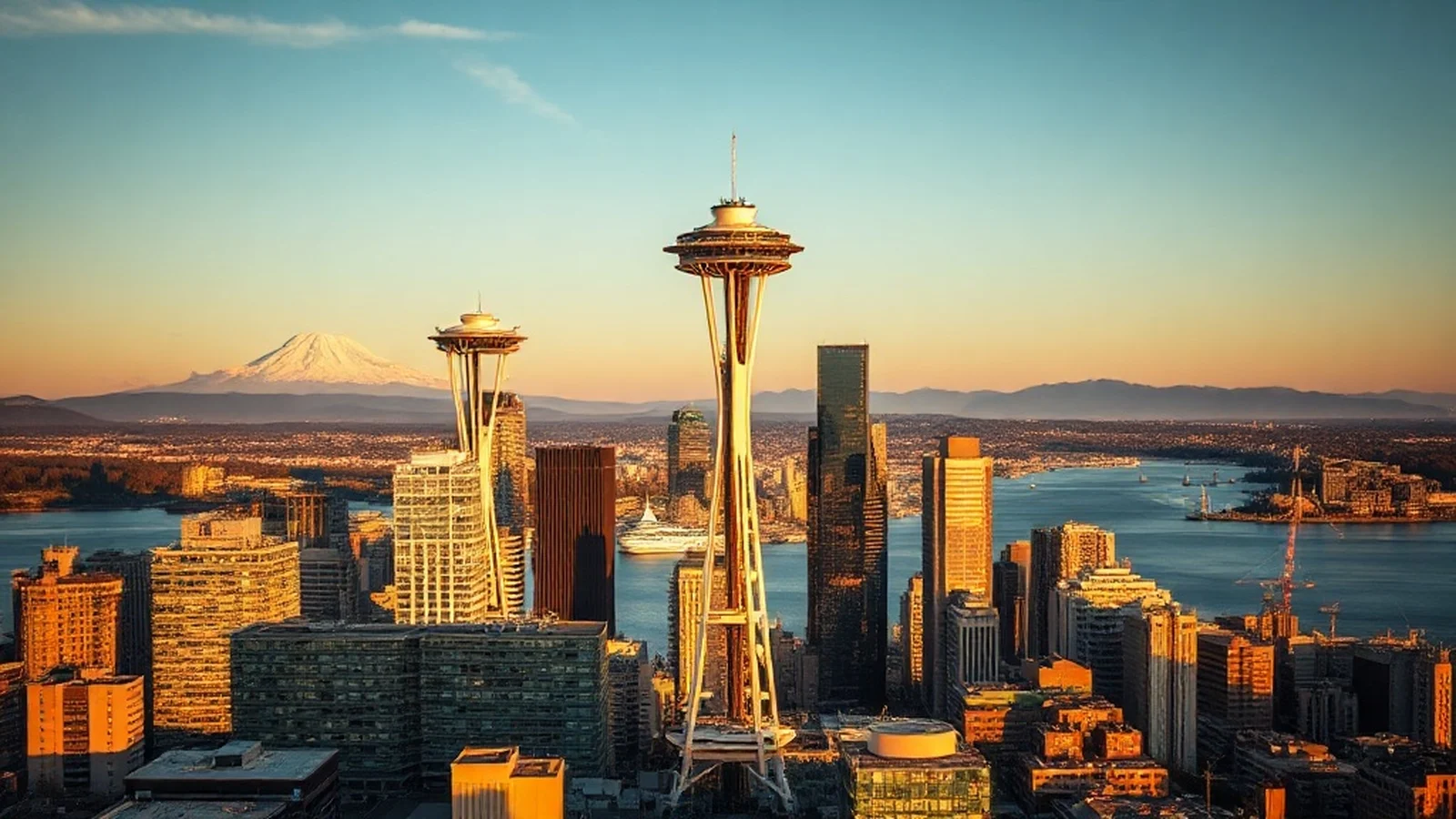Seattle skyline with Space Needle and Mount Rainier