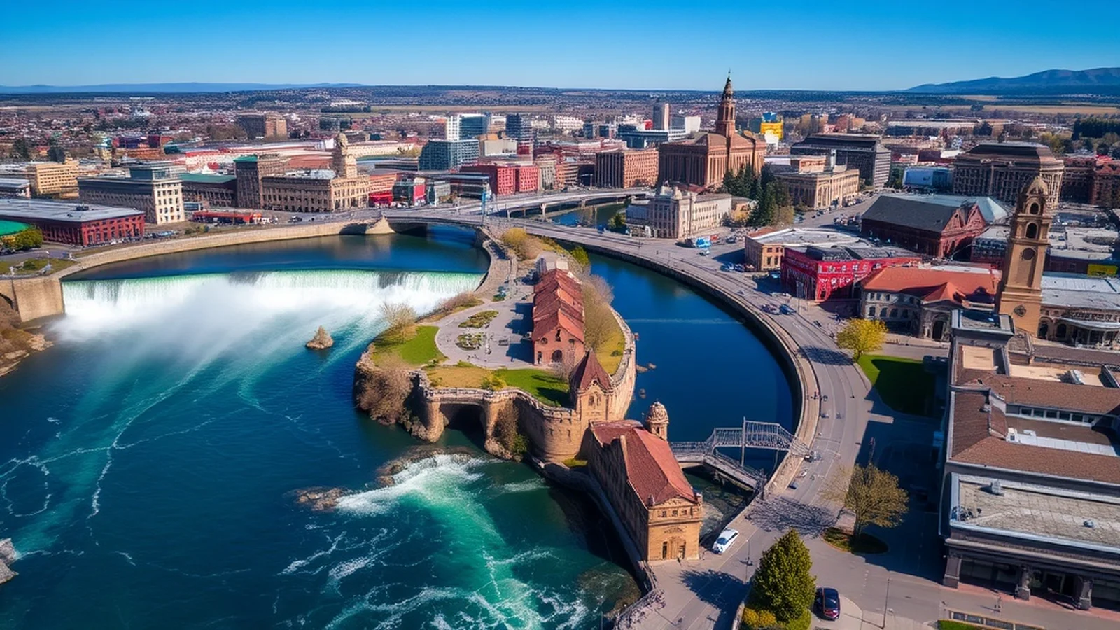 Spokane Falls and downtown Spokane skyline