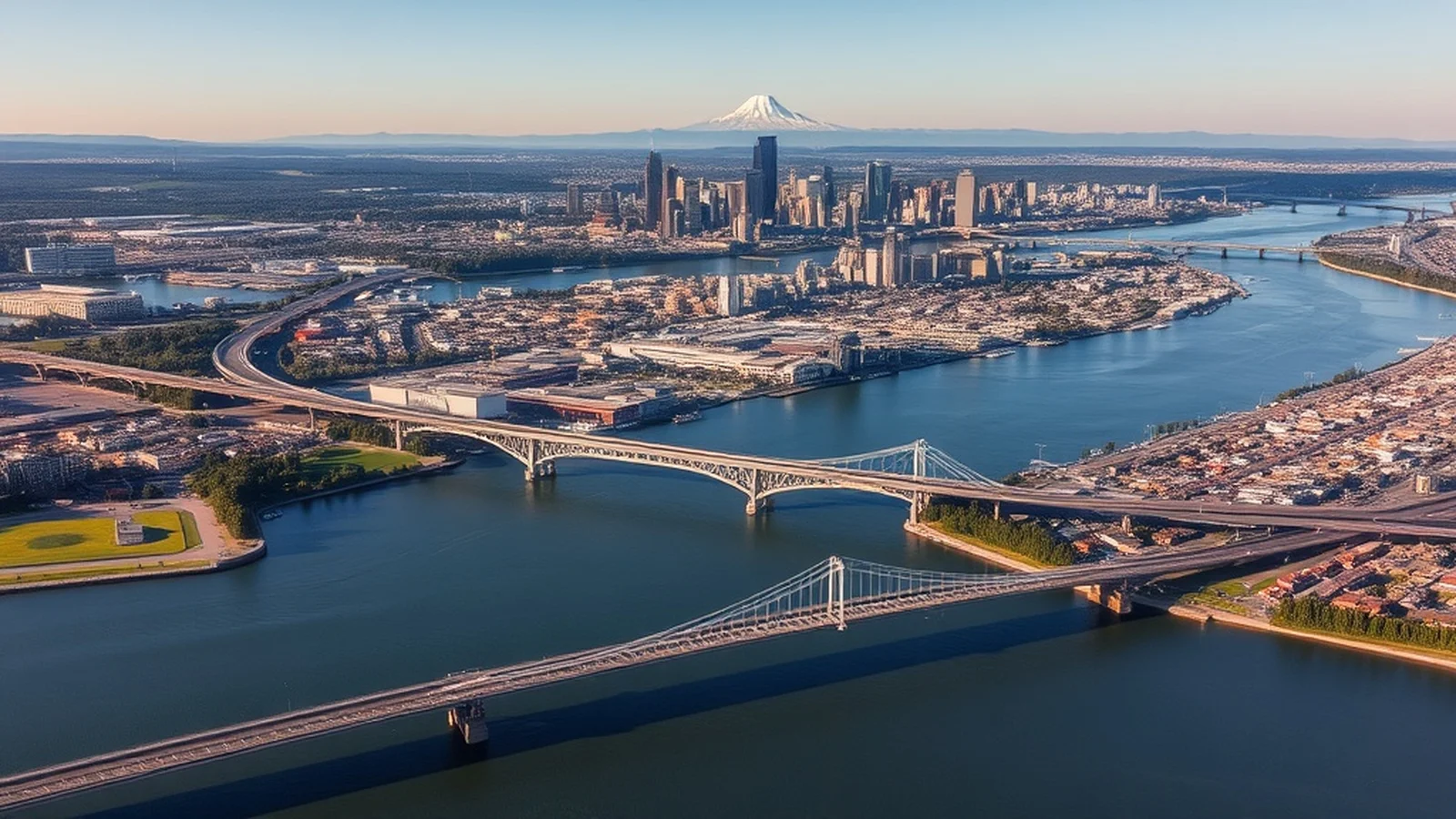 Vancouver Washington waterfront with Columbia River and Portland skyline